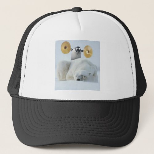 Cute penguin and polar bear with cymbals in snow trucker hat