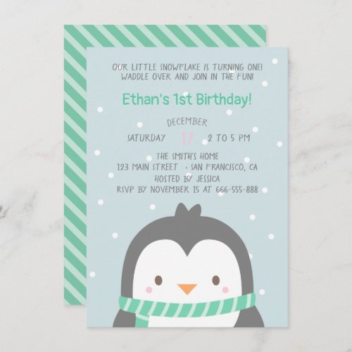 Cute Penguin and Scarf Birthday Party Invitations