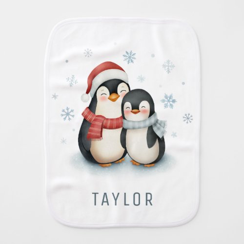 Cute Penguin and Snowflakes White Personalized Baby Burp Cloth