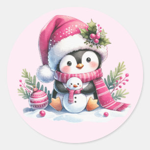 Cute Penguin and Snowman Pink Christmas Classic Round Sticker