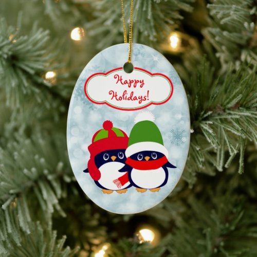 Cute Penguin Baby Blue Bokeh Ceramic Ornament