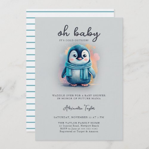 Cute Penguin Baby Cold Outside Sweet Boy Shower Invitation