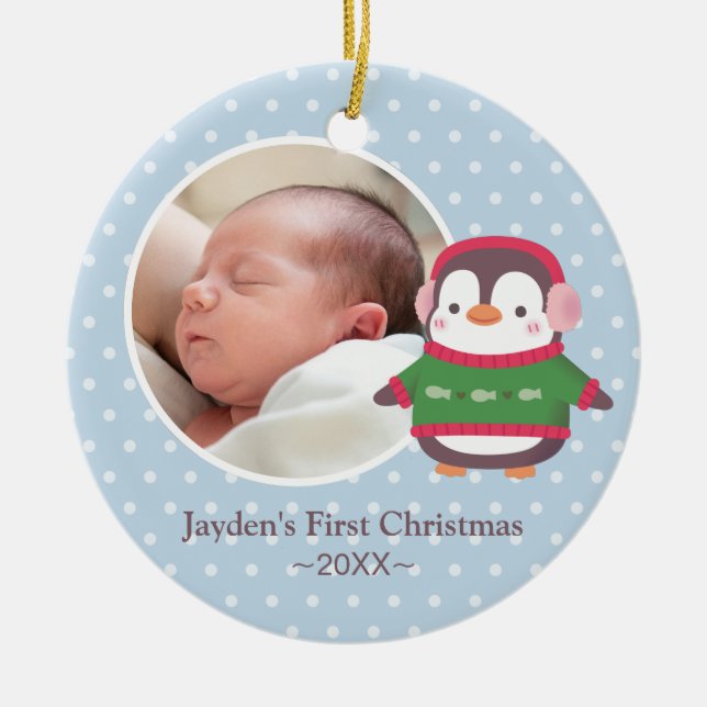 Cute Penguin Baby First Christmas Photo Ceramic Ornament (Front)