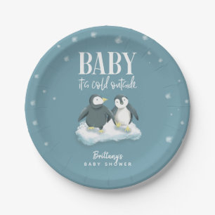 Cute Penguin Baby It's Cold Outside Blue Shower Paper Plates