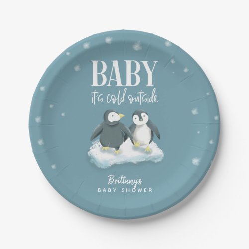 Cute Penguin Baby Its Cold Outside Blue Shower Paper Plates