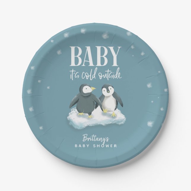 Cute Penguin Baby It's Cold Outside Blue Shower Paper Plates (Front)