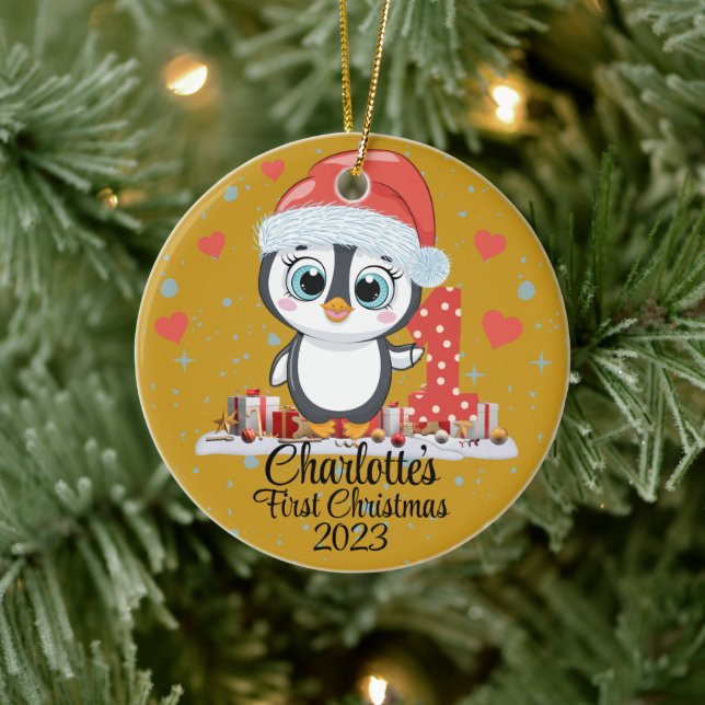 Cute Penguin Baby’s First Christmas Gold Ceramic Ornament (Tree)