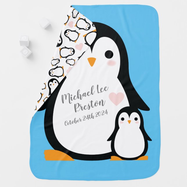Cute Penguin Baby Shower Blue Boy Baby Blanket (In Situ)