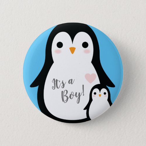 Cute Penguin Baby Shower Blue Boy Button