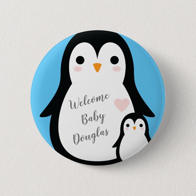 Cute Penguin Baby Shower Blue Boy Button (Front)