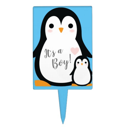 Cute Penguin Baby Shower Blue Boy Cake Topper