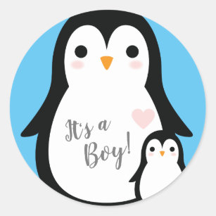 Cute Penguin Baby Shower Blue Boy Classic Round Sticker