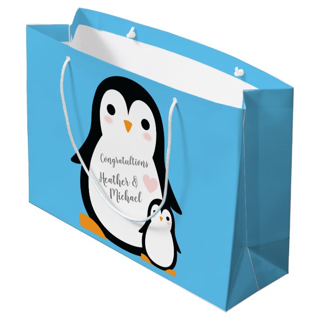 Cute Penguin Baby Shower Blue Boy Large Gift Bag (Back Angled)