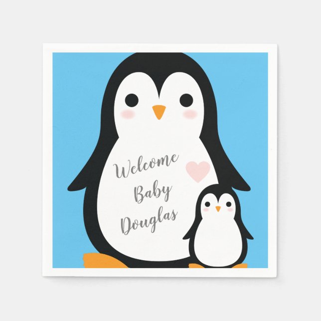 Cute Penguin Baby Shower Blue Boy Napkins (Front)