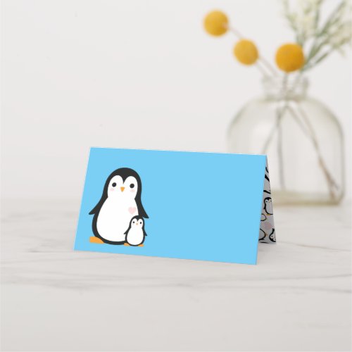 Cute Penguin Baby Shower Blue Boy Place Card