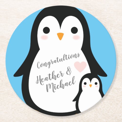 Cute Penguin Baby Shower Blue Boy Round Paper Coaster