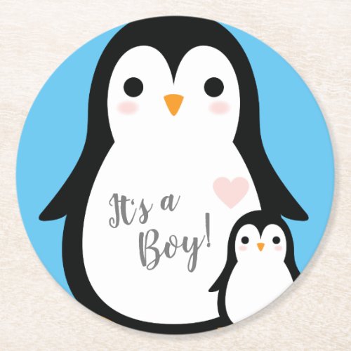 Cute Penguin Baby Shower Blue Boy Round Paper Coaster