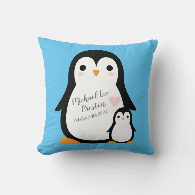 Cute Penguin Baby Shower Blue Boy Throw Pillow (Front)