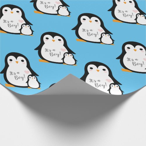Cute Penguin Baby Shower Blue Boy Wrapping Paper