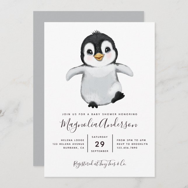 Cute Penguin Baby Shower Invitation (Front/Back)