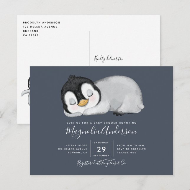 Cute Penguin Baby Shower Invitation Postcard (Front/Back)