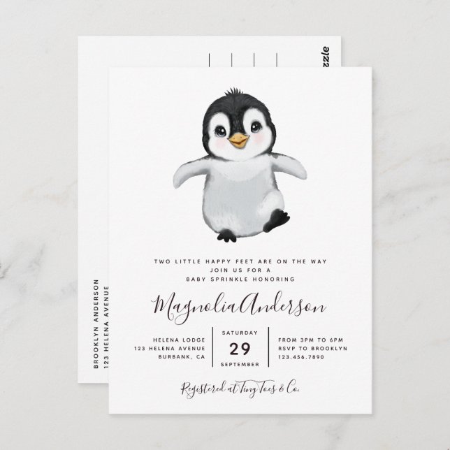 Cute Penguin Baby Shower Invitation Postcard (Front/Back)