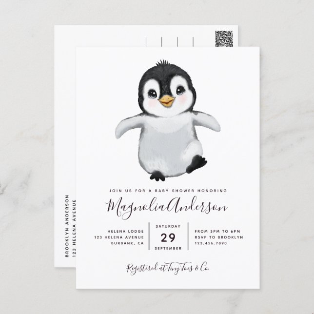Cute Penguin Baby Shower Invitation Postcard (Front/Back)