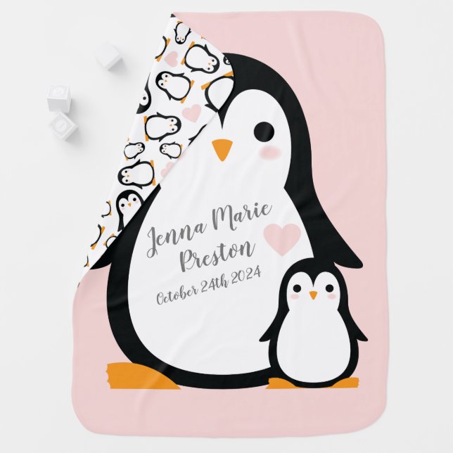 Cute Penguin Baby Shower Pink Girl Baby Blanket (In Situ)