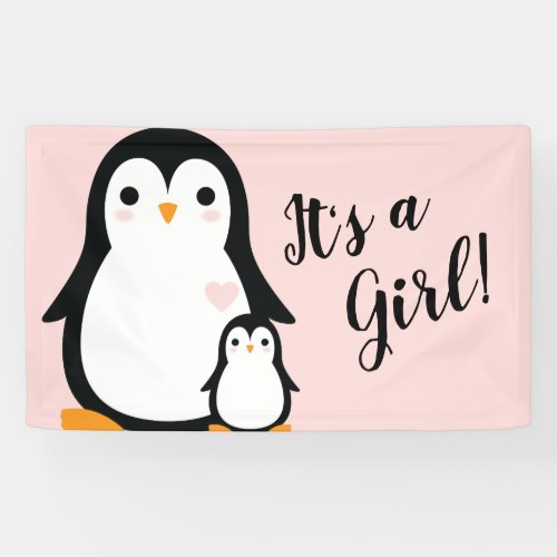 Cute Penguin Baby Shower Pink Girl Banner