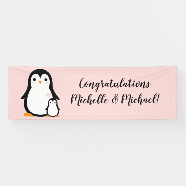 Cute Penguin Baby Shower Pink Girl Banner (Horizontal)