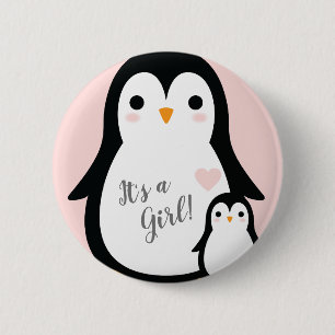 Cute Penguin Baby Shower Pink Girl Button