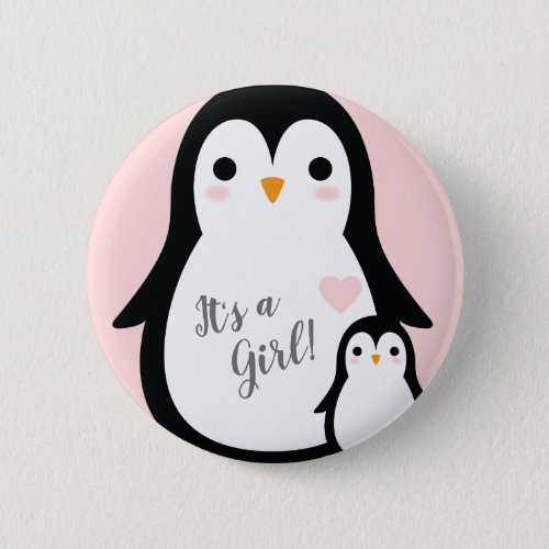 Cute Penguin Baby Shower Pink Girl Button