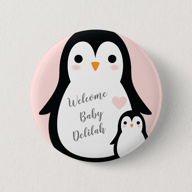 Cute Penguin Baby Shower Pink Girl Button (Front)