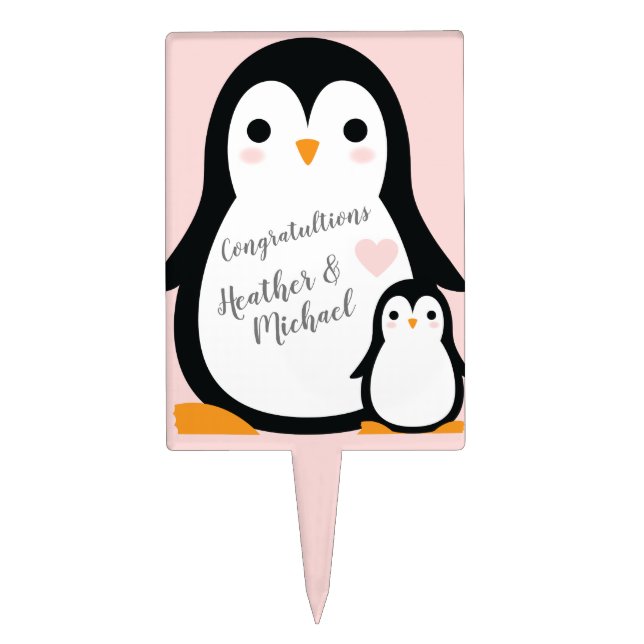 Cute Penguin Baby Shower Pink Girl Cake Topper (Front)