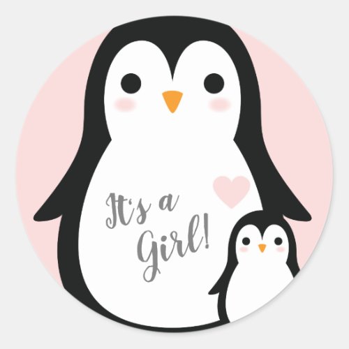 Cute Penguin Baby Shower Pink Girl Classic Round Sticker