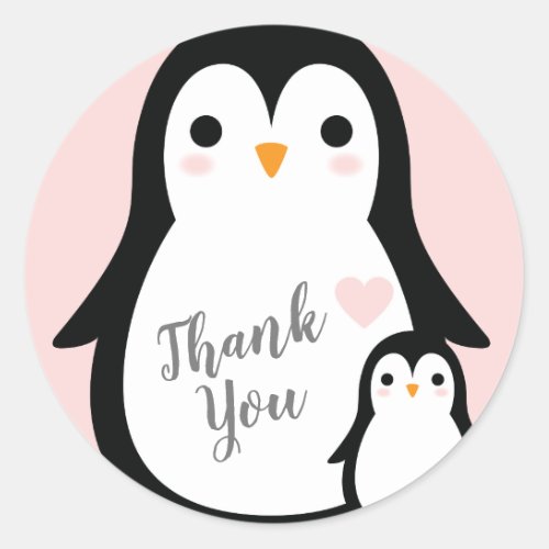 Cute Penguin Baby Shower Pink Girl Classic Round Sticker