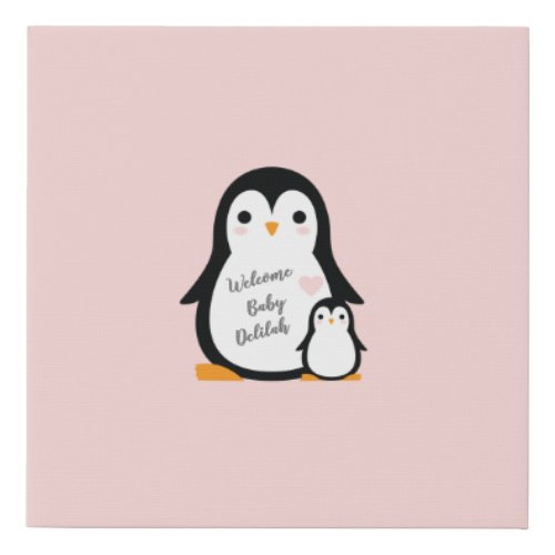 Cute Penguin Baby Shower Pink Girl Faux Canvas Print