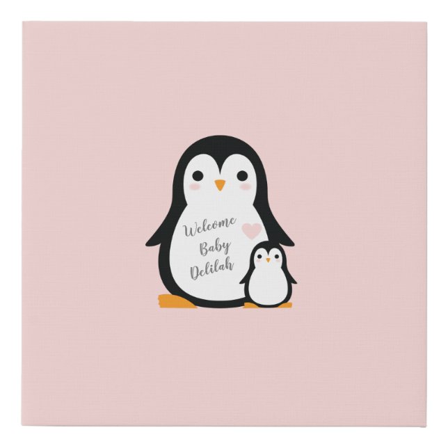Cute Penguin Baby Shower Pink Girl Faux Canvas Print (Front)