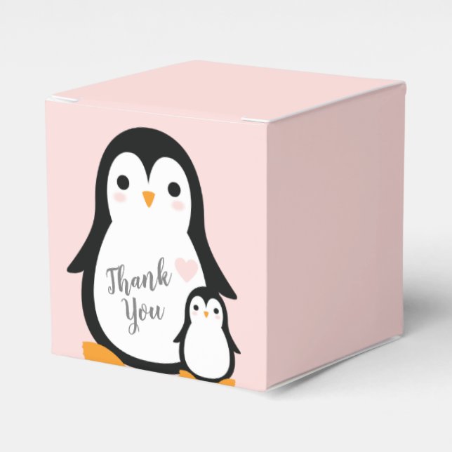 Cute Penguin Baby Shower Pink Girl Favor Boxes (Front Side)