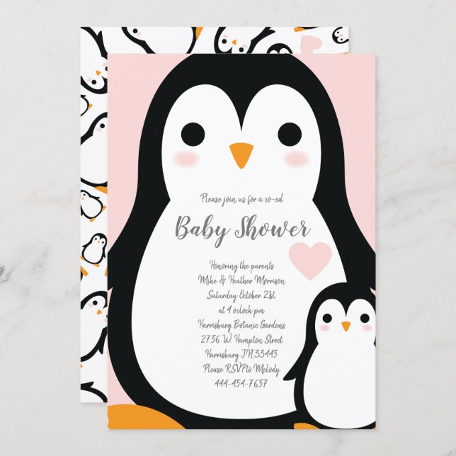 Cute Penguin Baby Shower Pink Girl Invitation (Front/Back)