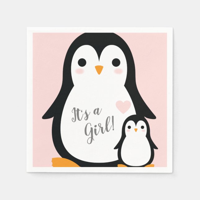 Cute Penguin Baby Shower Pink Girl Napkins (Front)