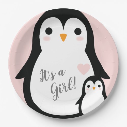Cute Penguin Baby Shower Pink Girl Paper Plates