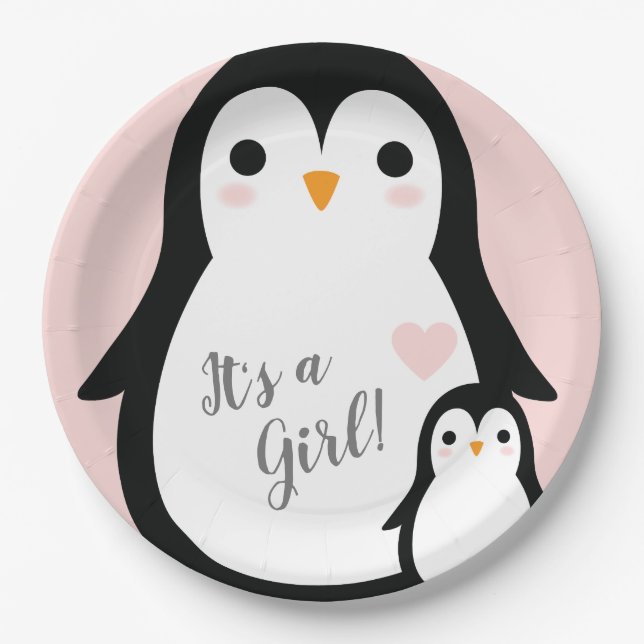 Cute Penguin Baby Shower Pink Girl Paper Plates (Front)