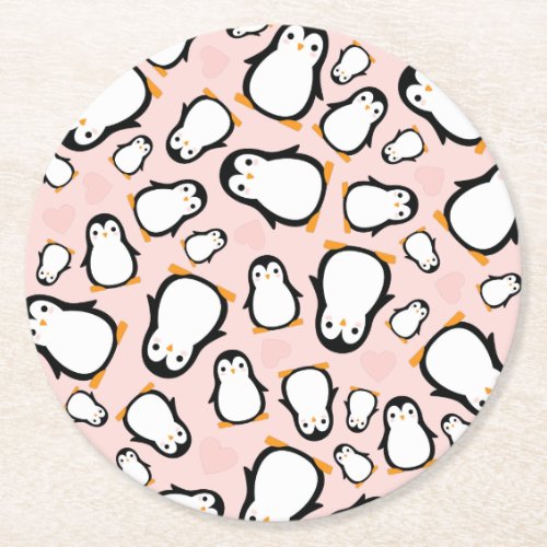 Cute Penguin Baby Shower Pink Girl Round Paper Coaster