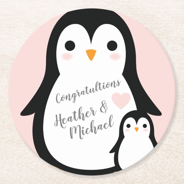 Cute Penguin Baby Shower Pink Girl Round Paper Coaster (Front)