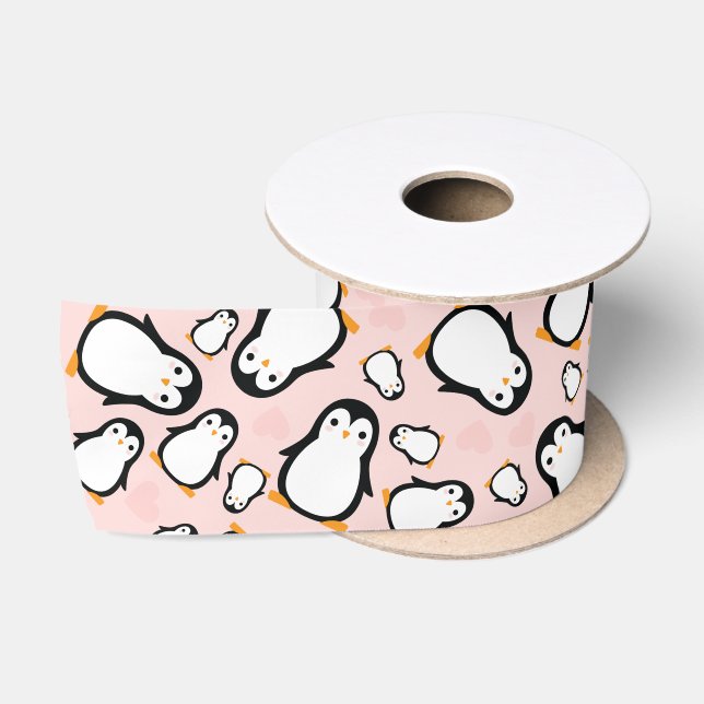 Cute Penguin Baby Shower Pink Girl Satin Ribbon (Spool)