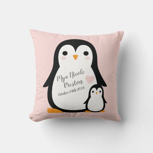 Cute Penguin Baby Shower Pink Girl Throw Pillow