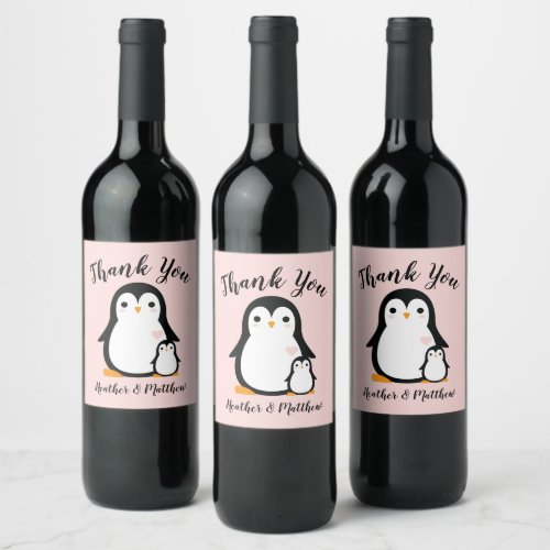 Cute Penguin Baby Shower Pink Girl Wine Label
