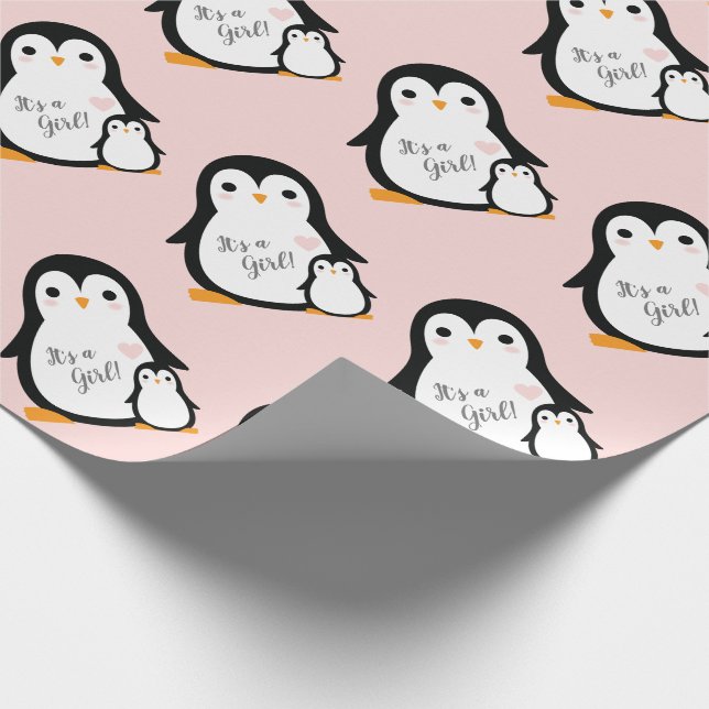Cute Penguin Baby Shower Pink Girl Wrapping Paper (Corner)