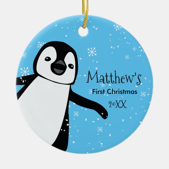Cute Penguin.Baby's First Christmas Custom Name Ceramic Ornament (Front)